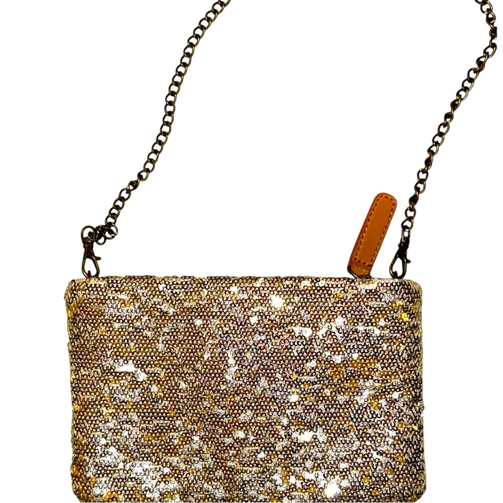 J Crew Gold Sequin Crossbody Bag Purse Clutch with Detachable Chain Link Strap